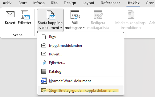 Starta koppling av dokument i Word för kopplad utskrift